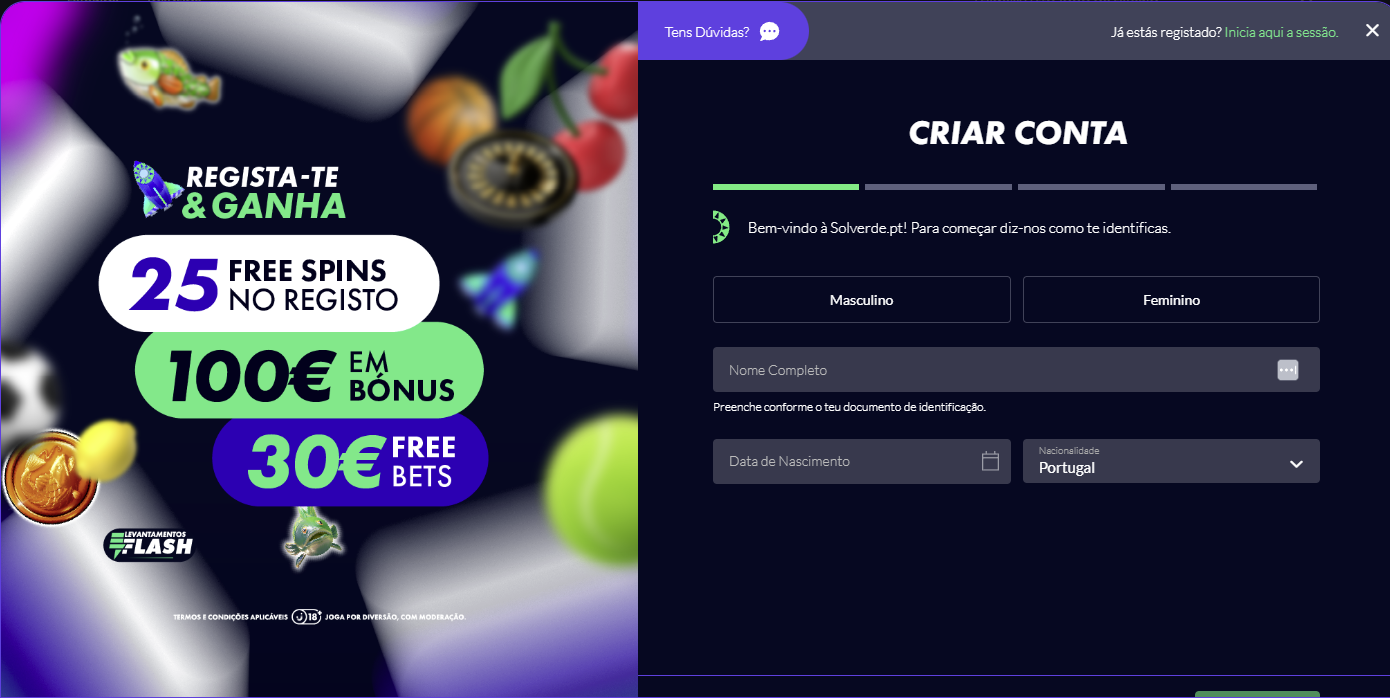 Sequência de registo no Solverde Casino